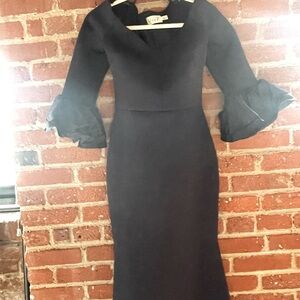 Elegant Eliza J Dress with Ruffled Sleeves navy blue.